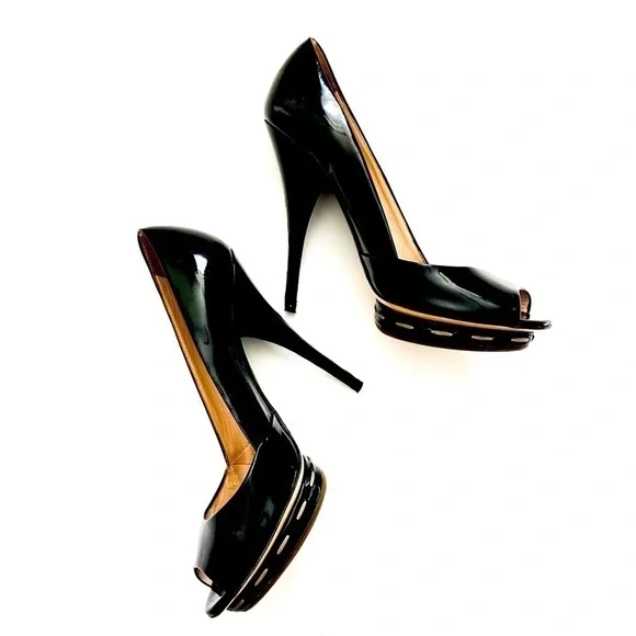 Miu Miu Patent Leather Peep-toe Black Heels 38 - Picture 2 of 14